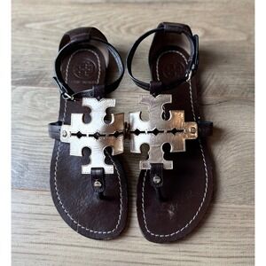 Tory Burch Women's Phoebe Chandler Logo Thong Sandals in Brown Gold Size 7